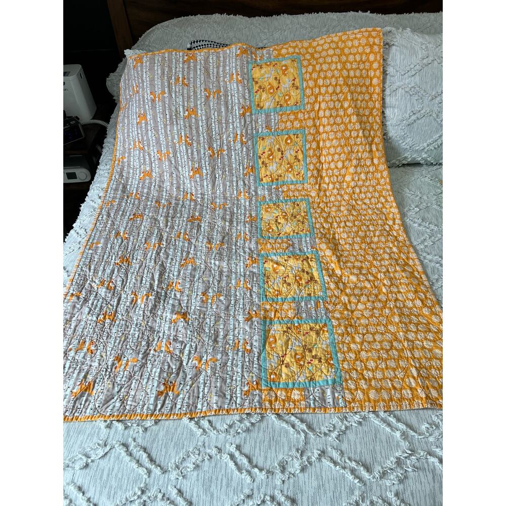 Handmade Foxy Baby Quilt 47L X 36W Tan Orange Red Blue Nursery Forest Birch